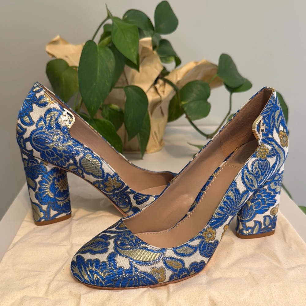 Tory Burch Blue and Gold Block Heel Pumps